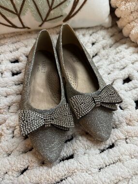 Vaneli Silver Glitter Pointed-Toe Flats with Crystal Bow